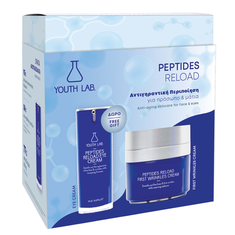Ανακαλύψτε μέσα από τη limited edition συσκευασία Peptides Reload First Wrinkles την προηγμένη αντιγηραντική σειρά Πεπτιδίων Peptides Reload της YOUTH LAB.